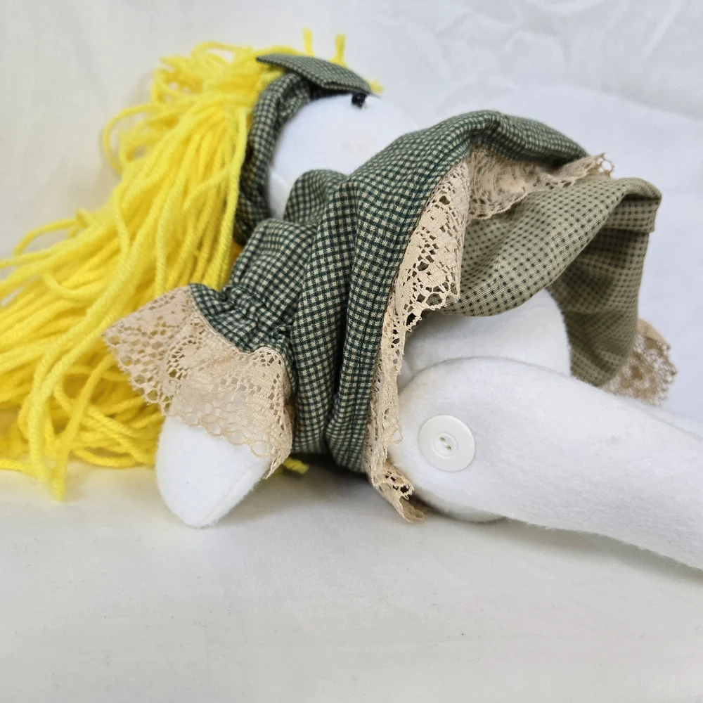 Vtg Inspired‎ Handmade Jointed Fabric Doll Green Gingham Dress Yellow Yarn Hair